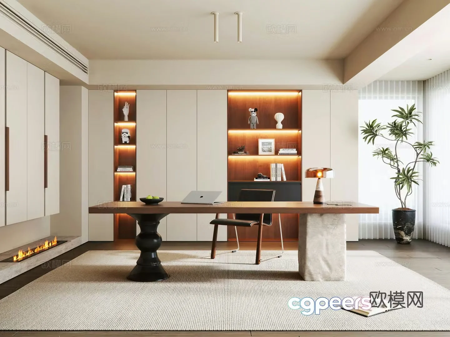 Modern medieval study medieval style desk and chair combination bookcase book ornament potted green plants 3D model