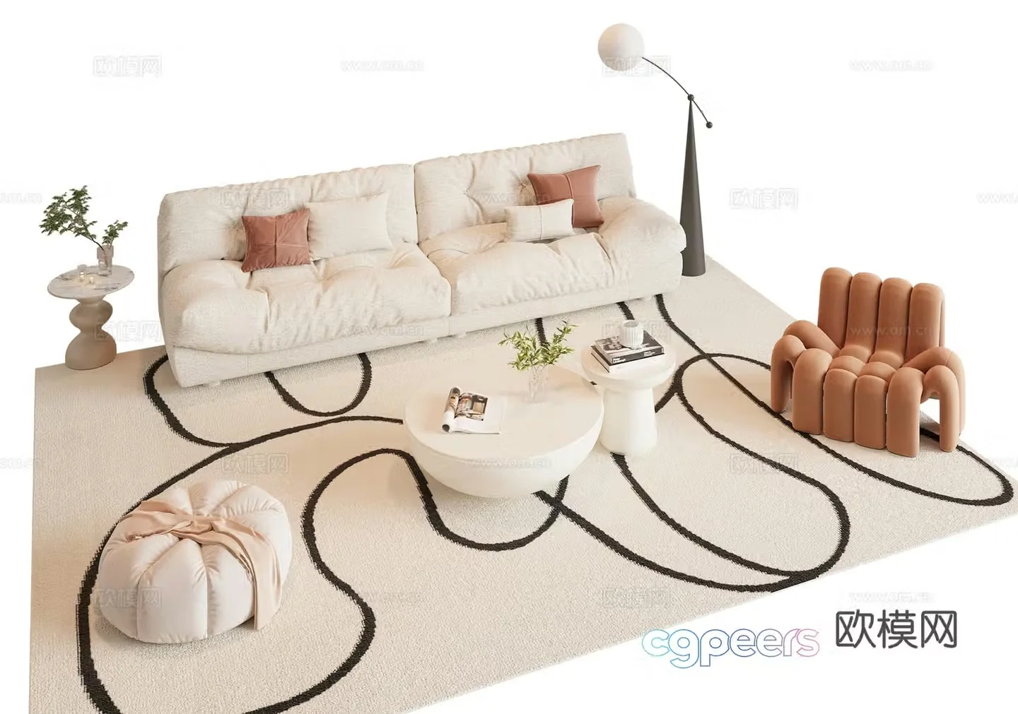 Modern cream style sofa coffee table combination 3D model