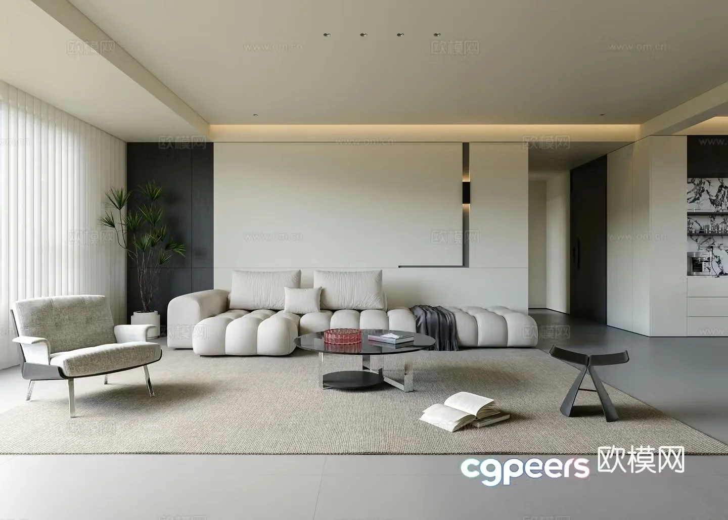 Modern minimalist living and dining room 3D model
