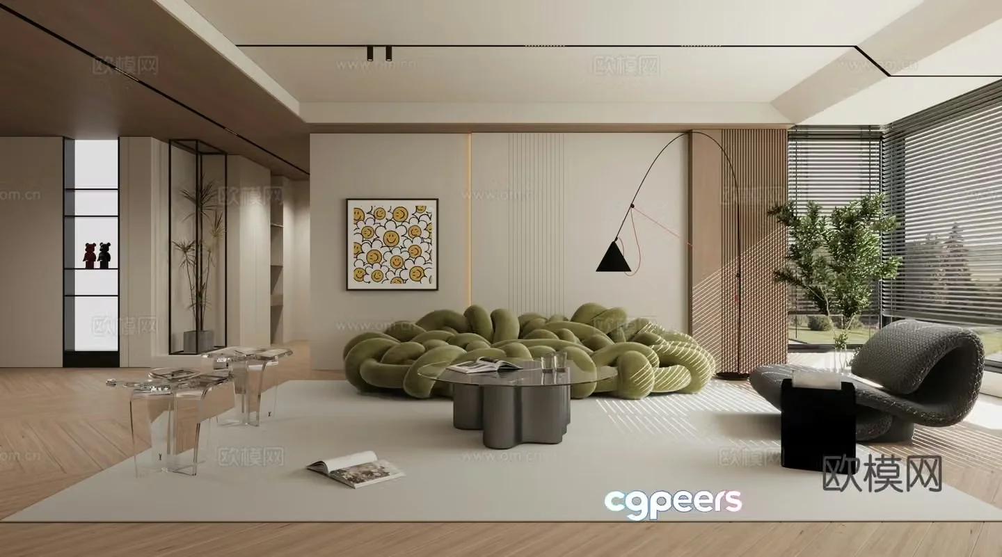Modern minimalist log living room 3d model