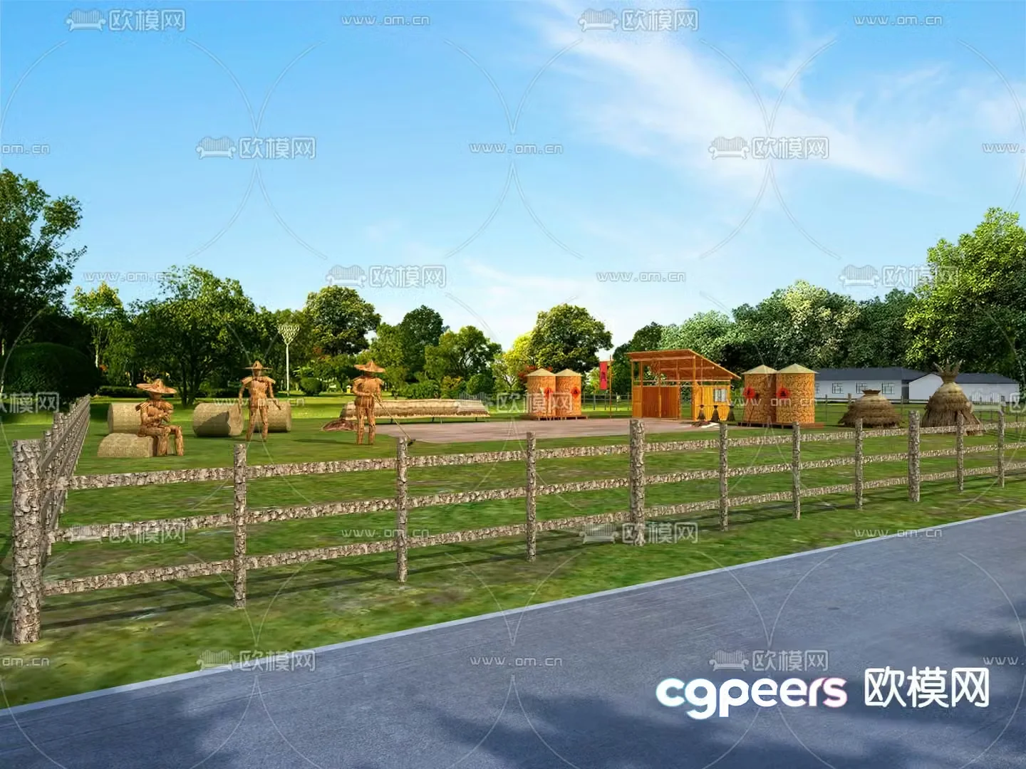 Rural threshing floor landscape scarecrow 3d model