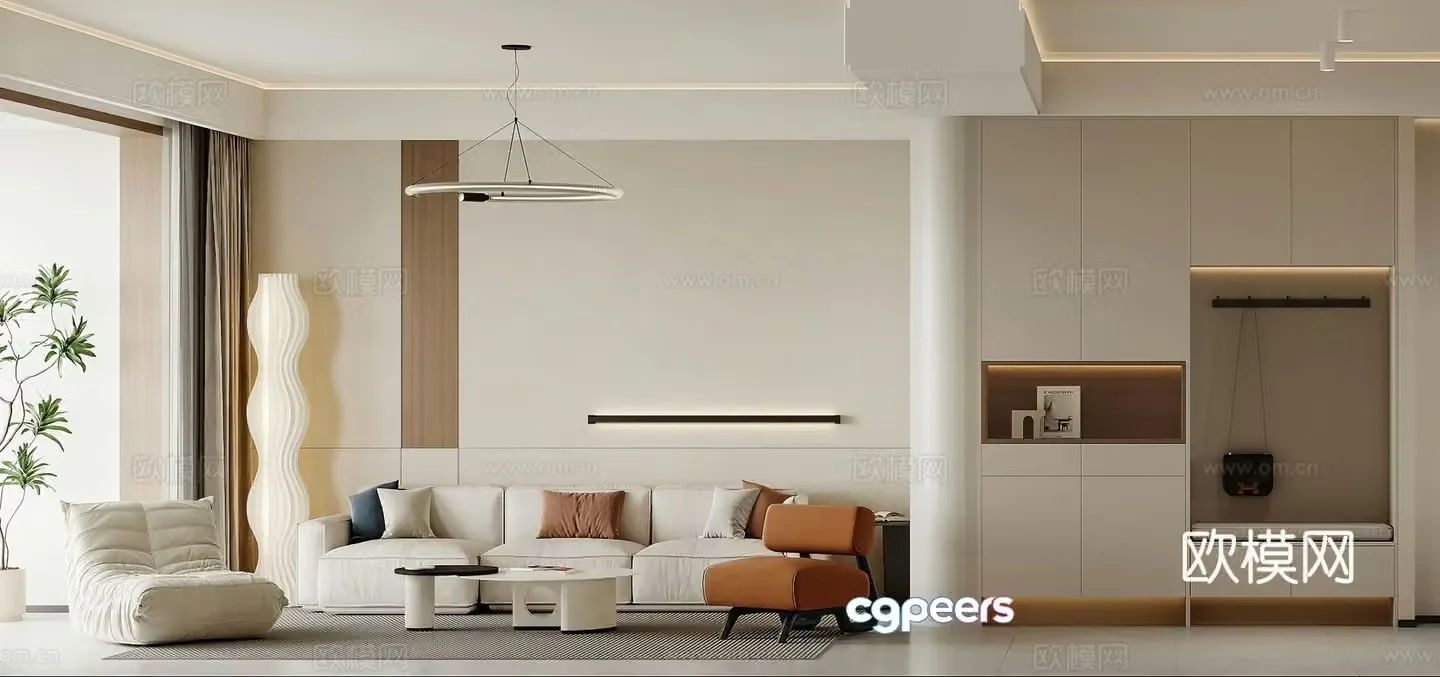 Modern living and dining room creamy living room combination sofa floor lamp leisure chair dining table living room 3d model