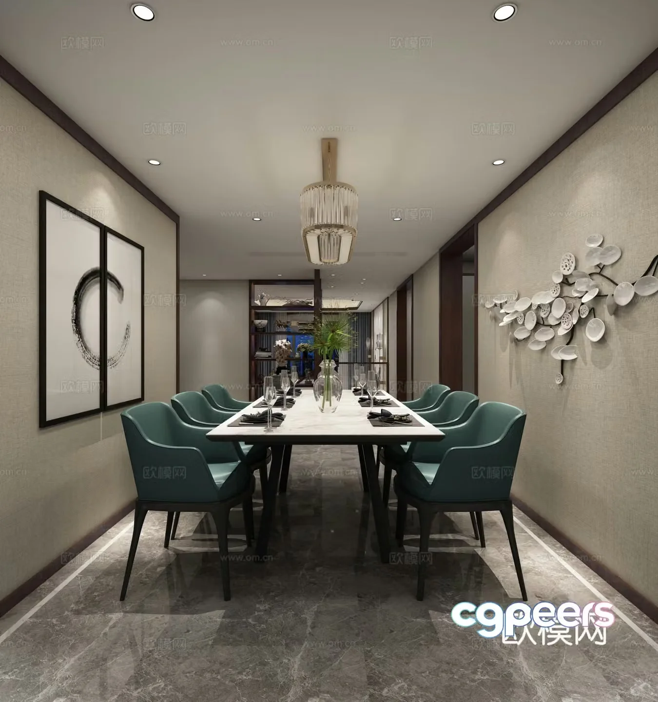 New Chinese style living and dining room chandeliers multi-person sofa coffee table storage rack ornaments 3D model of hanging paintings