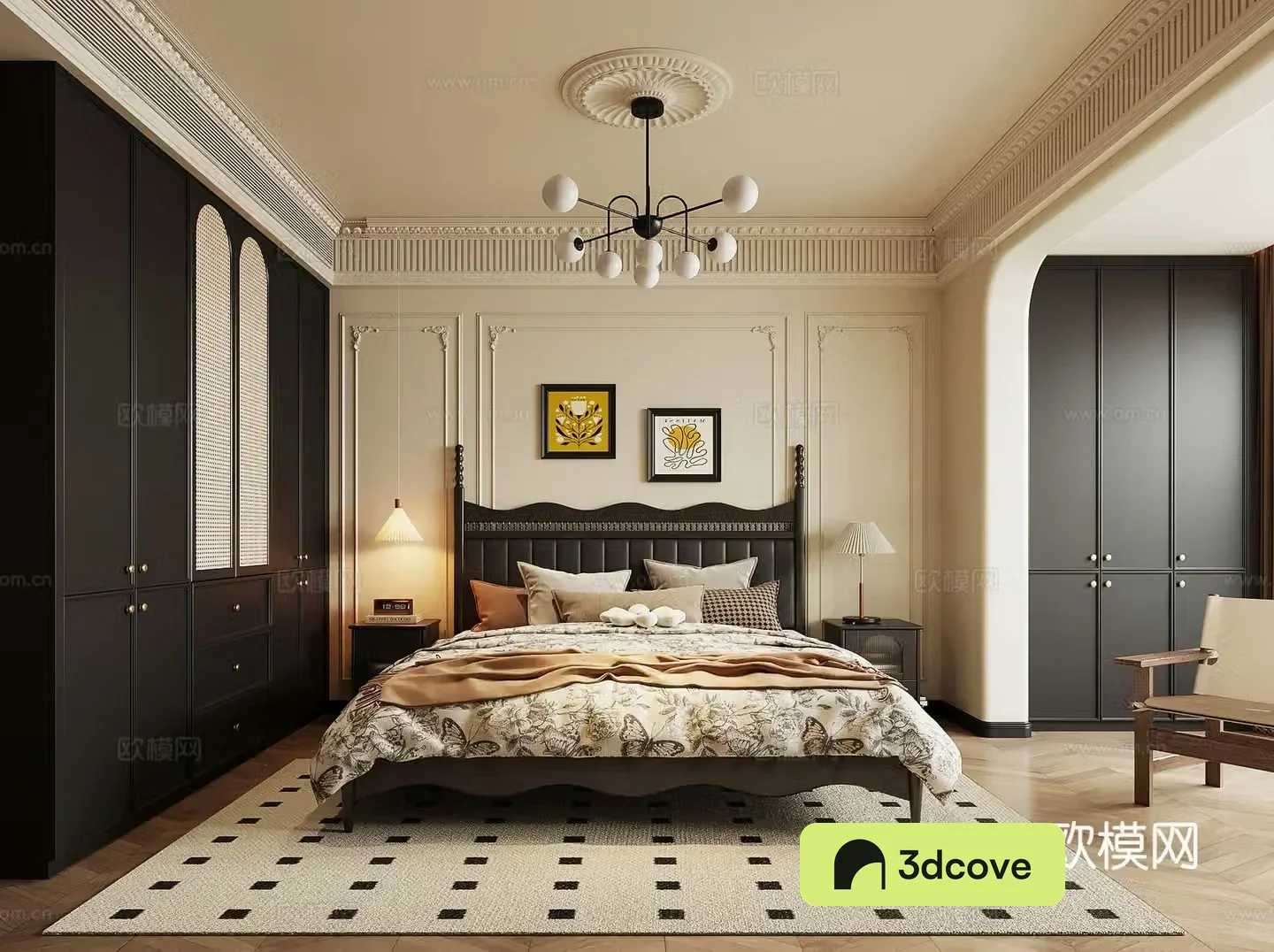 French retro style bedroom double bed nightstand wardrobe dressing table