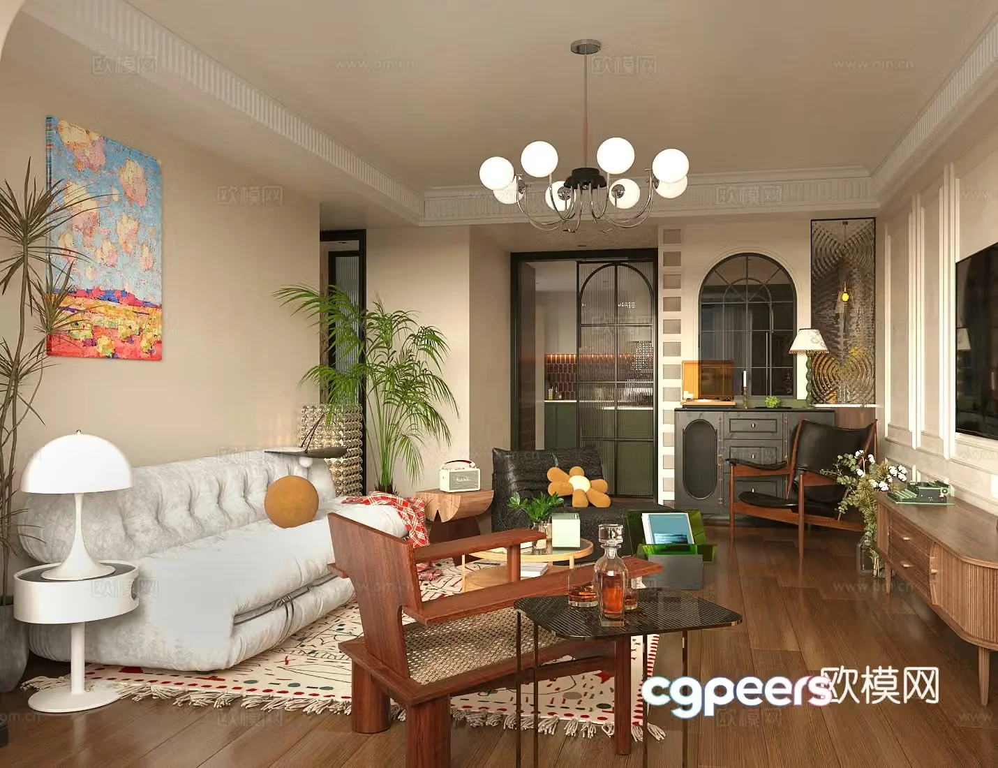 Medium style living room horizontal living room small living room sofa and coffee table combination French retro living room 3D model