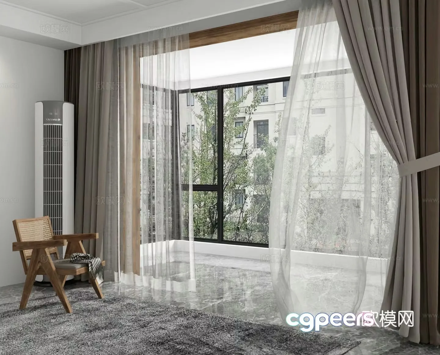 Modern curtains windows floor-to-ceiling windows balcony 3d model