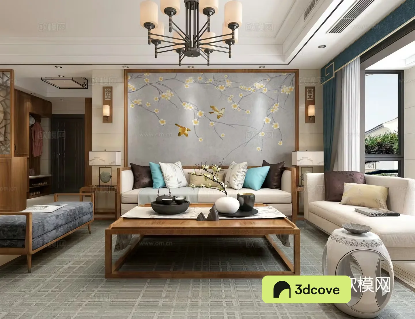 New Chinese style living and dining room sofa and coffee table dining table and chairs hanging paintings objects ornaments chandeliers