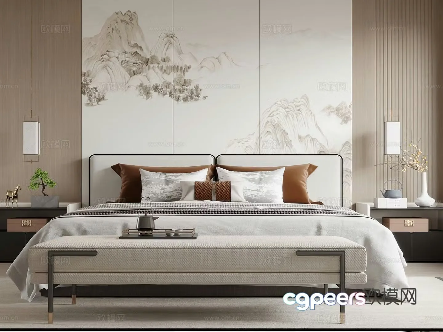 New Chinese style double bed 3d model