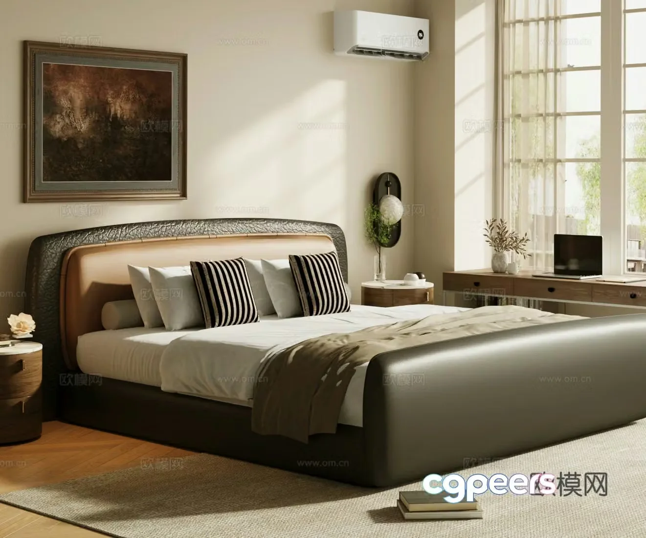 Middle-aged double bed Black leather bed Leather bed Black bed Middle-aged master bedroom Master bedroom bed 3D model