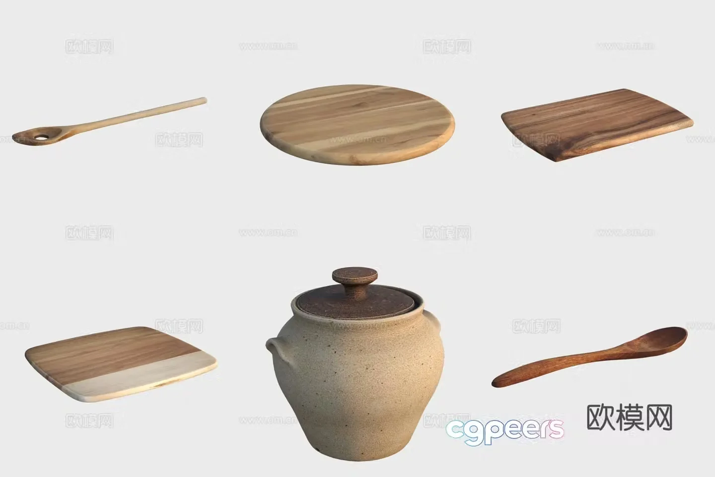 Ancient kitchen utensils ceramic pottery wooden products cutting board wooden spoon 3D model