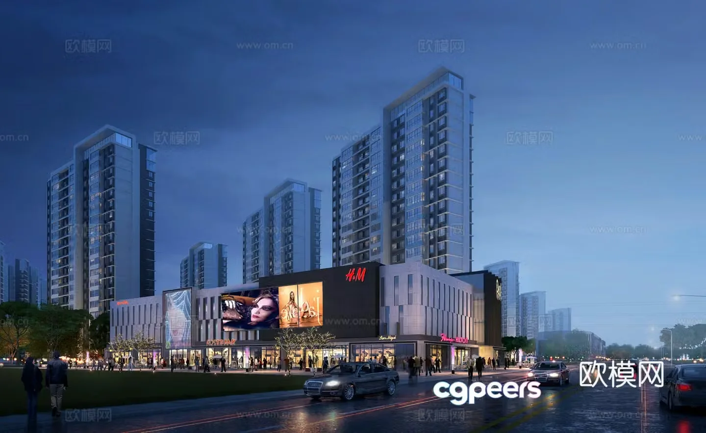 3D model of commercial street along the street
