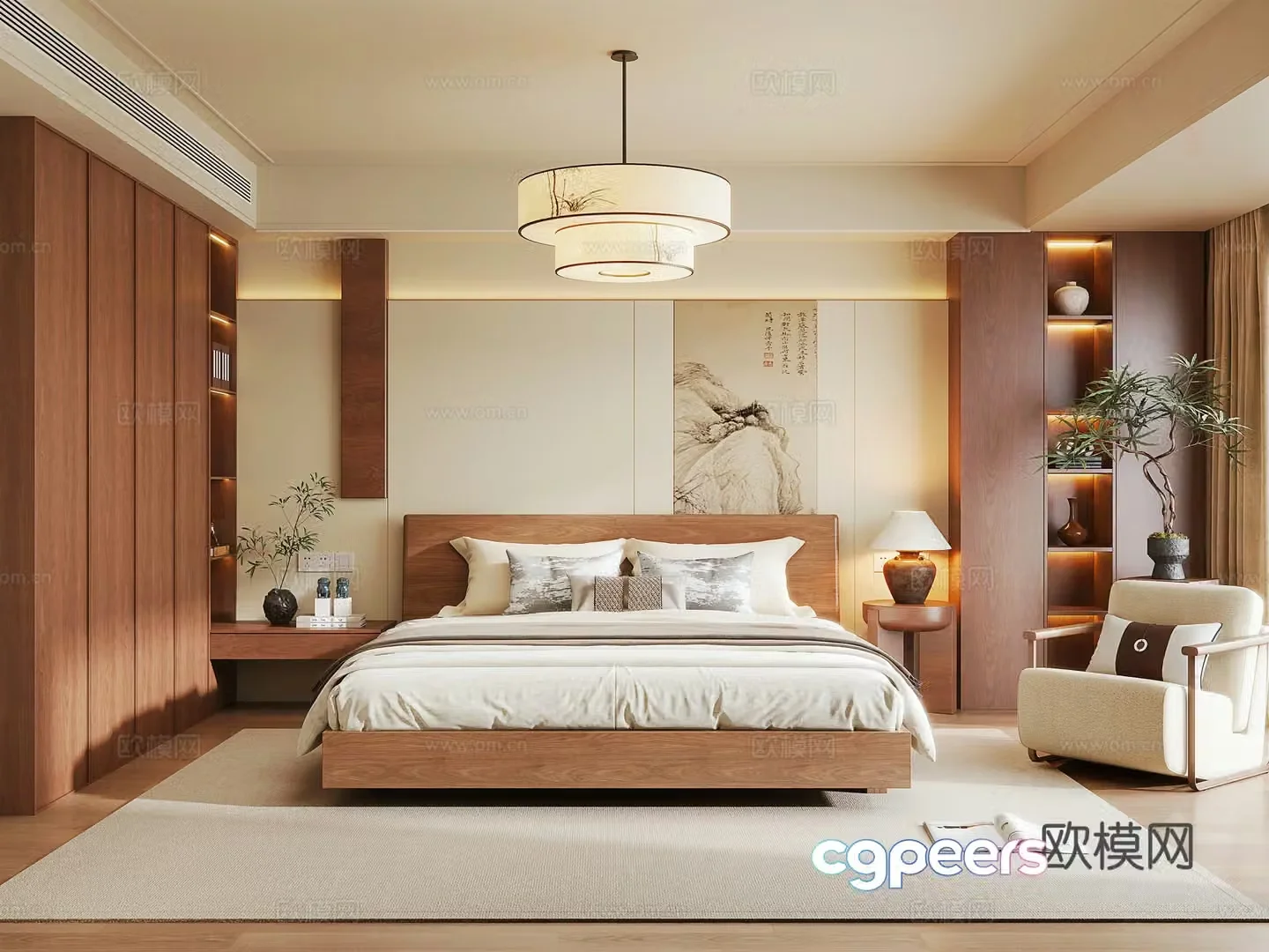 New Chinese style master bedroom New Chinese style double bed Wardrobe New Chinese style bedroom chandeliers Bedside background 3D model