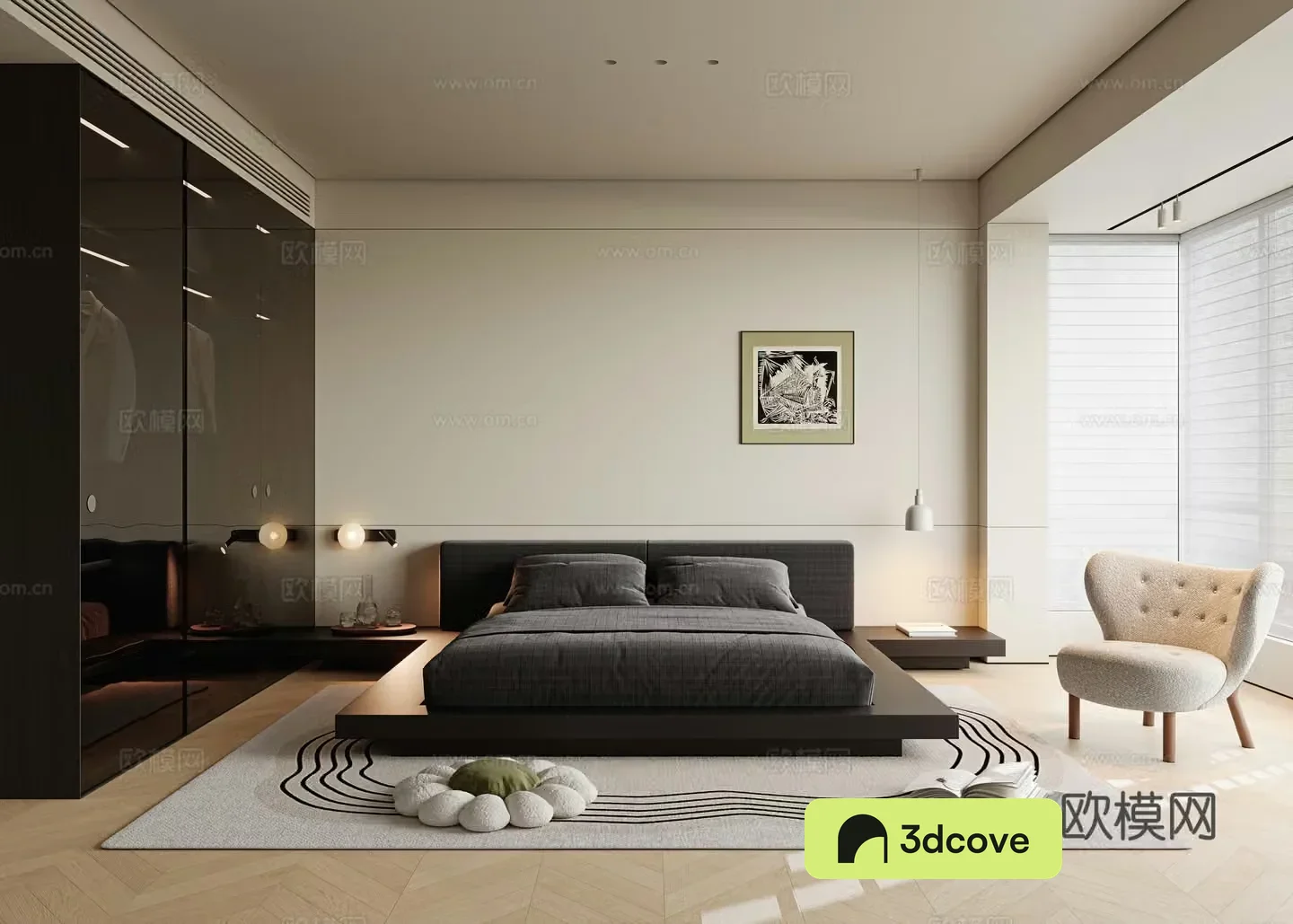Wasabi minimalist bedroom master bedroom master light double bed small chandelier at the head of the bed 3D model