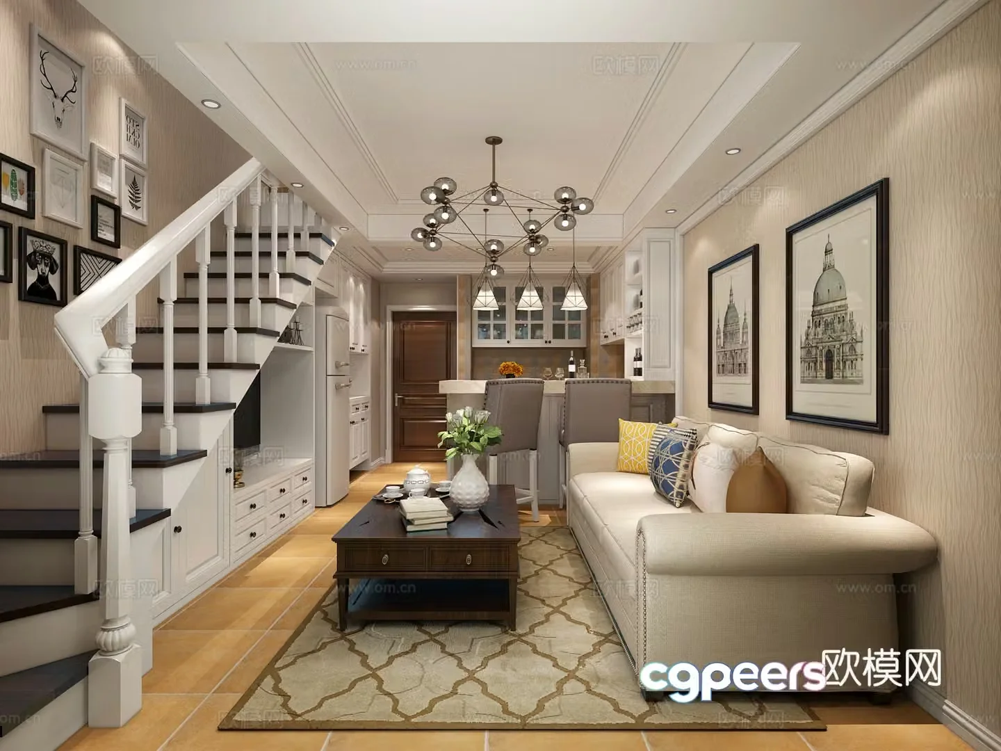 American simple living dining room sofa chandeliers open kitchen stairs curtains bar 3d model