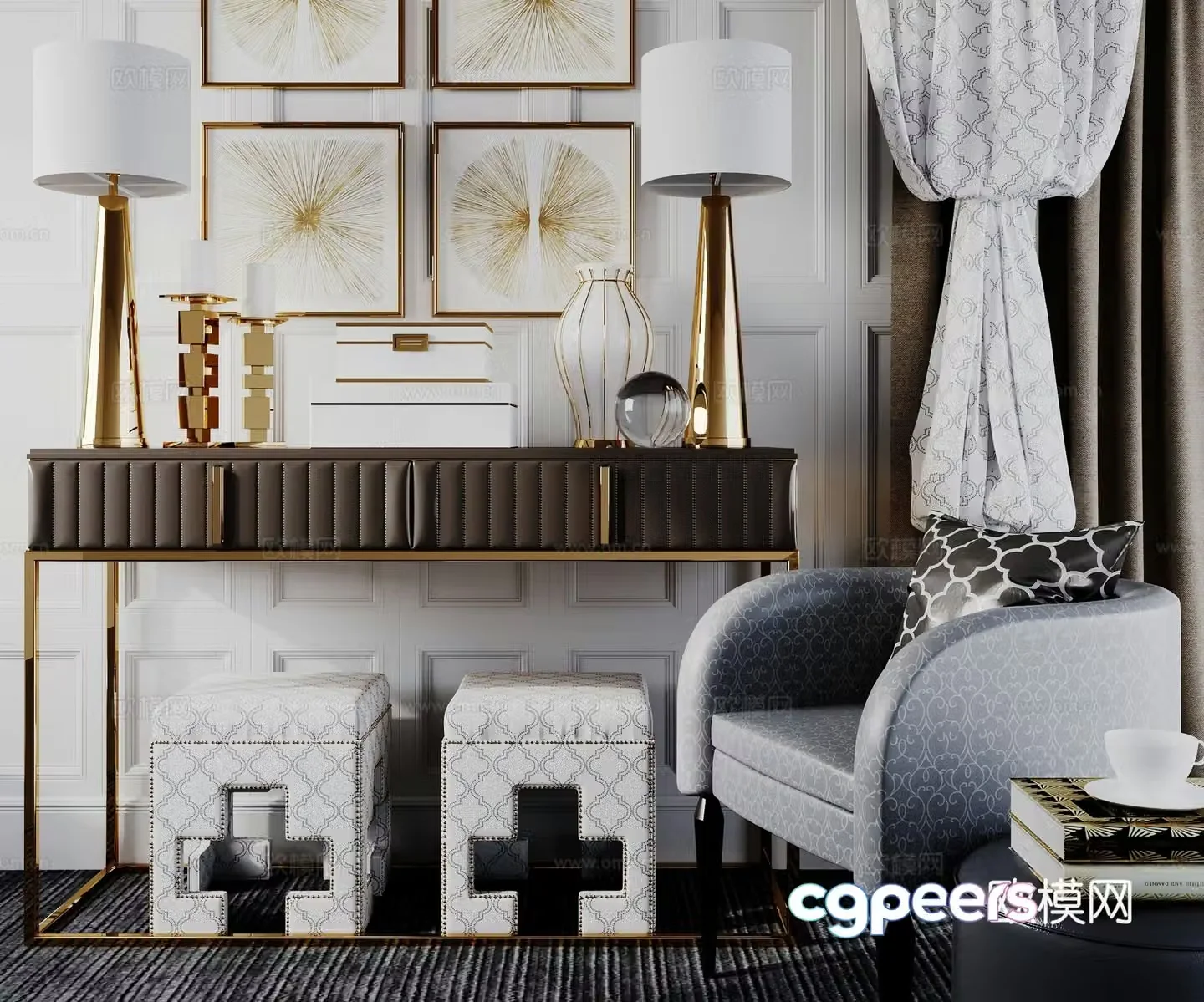 Neoclassical entrance cabinet single chair curtain ornament 3D model