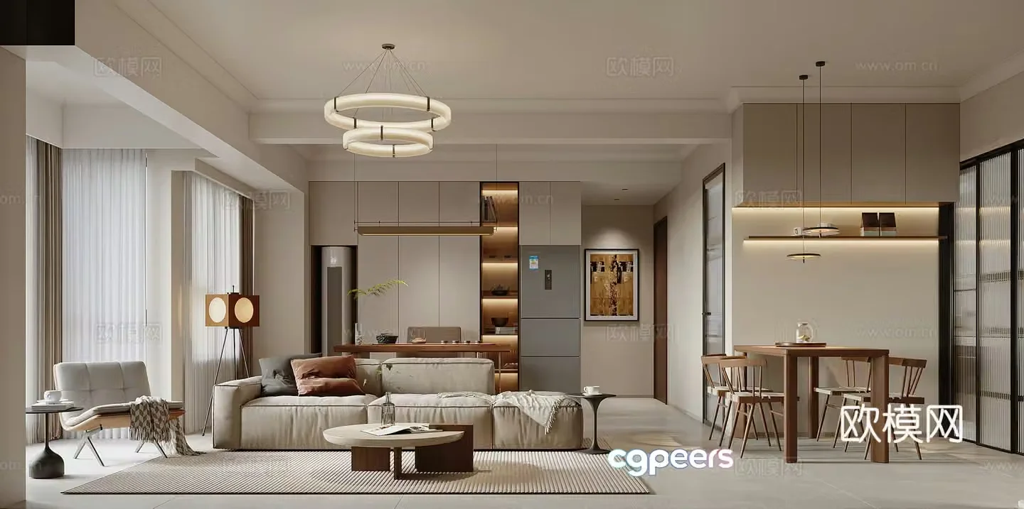 Modern living and dining room 3d model