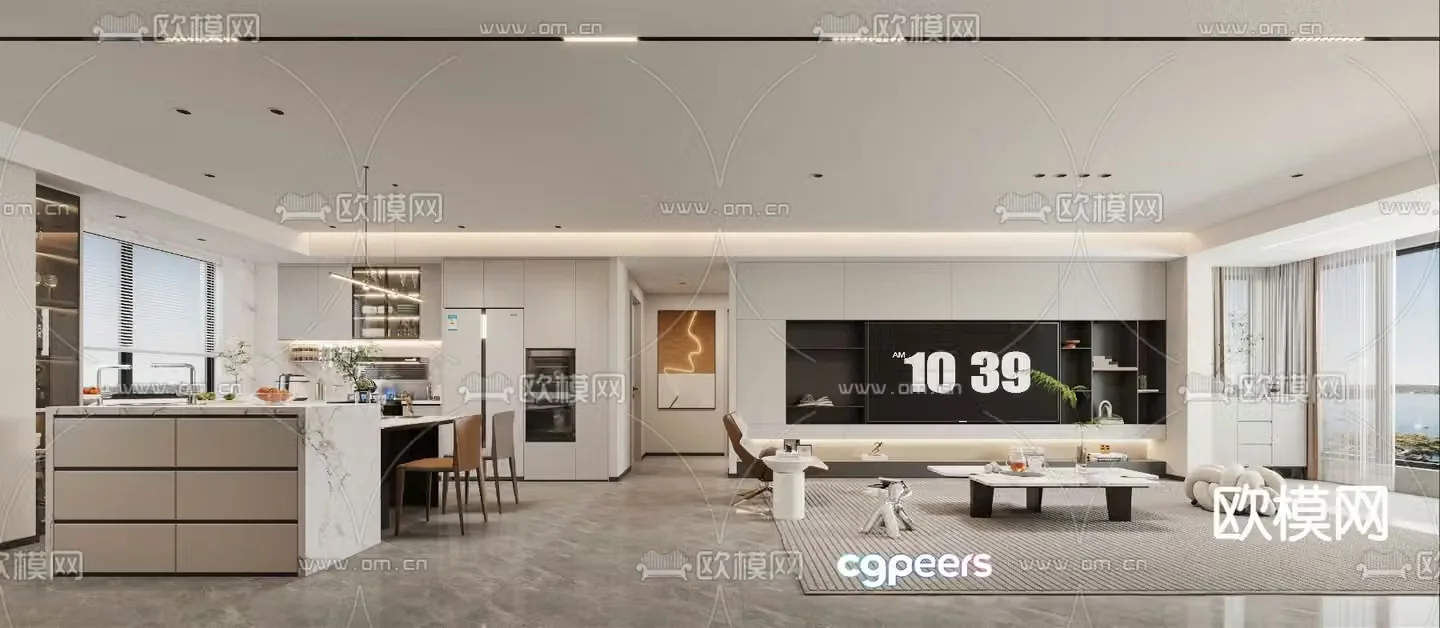 Modern living and dining room 3d model