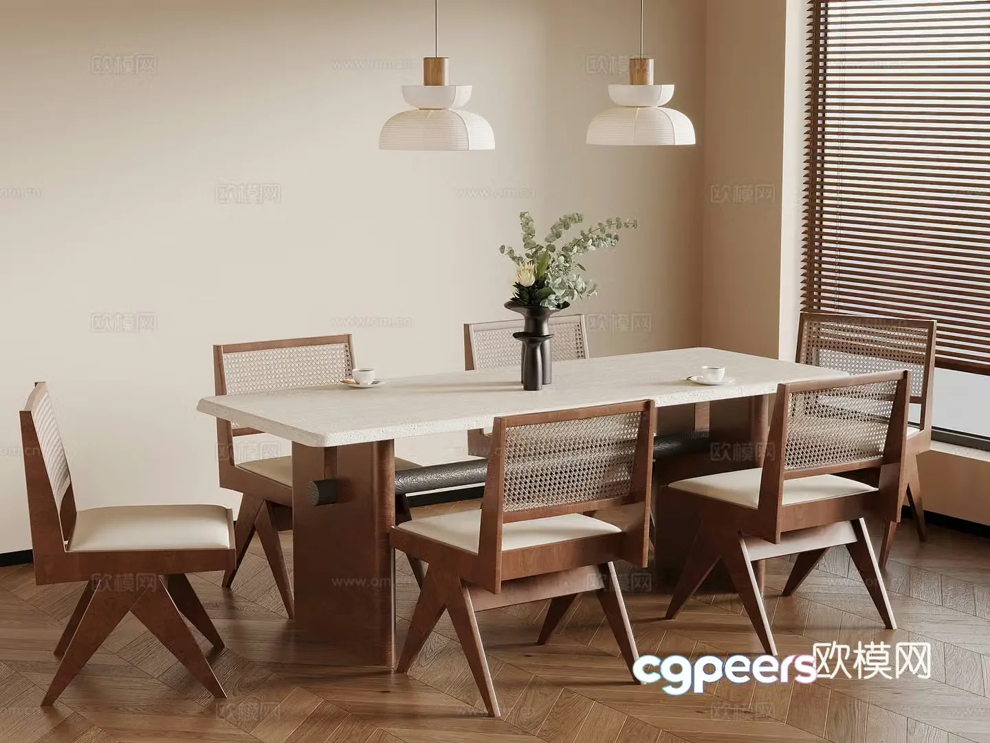 Medium style dining table and chair 3D model