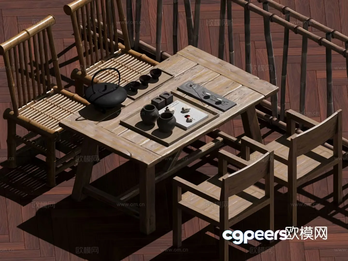 Wabi-sabi retro tea table and chairs old tea table tea table 3d model