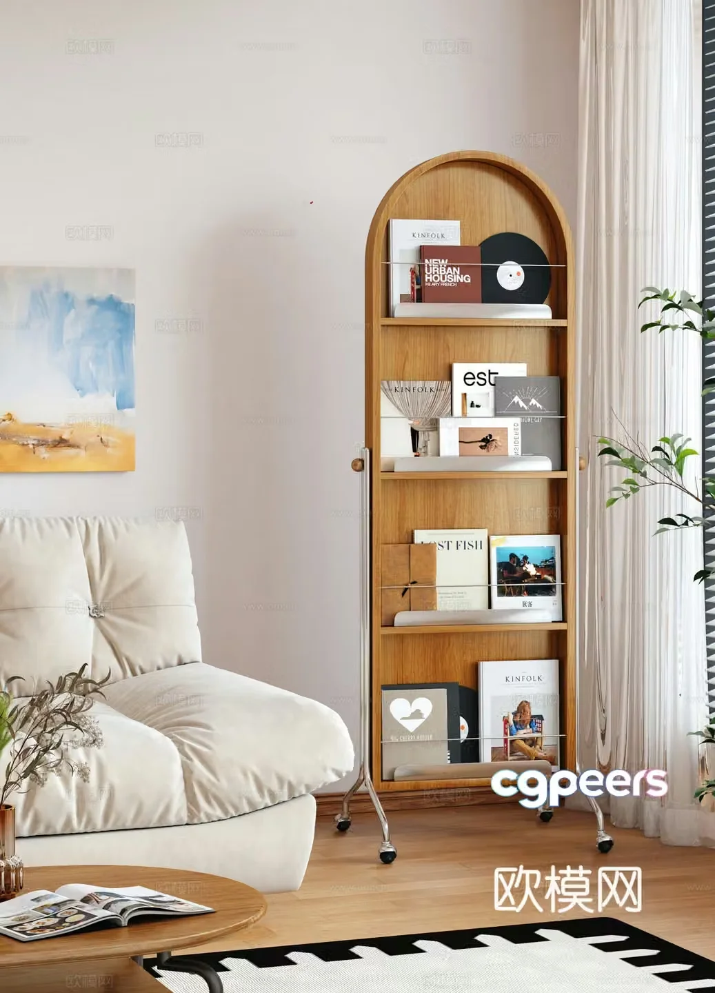 Modern log bookshelf Mobile floor fitting mirror Magazine rack Decorative rack 3d model