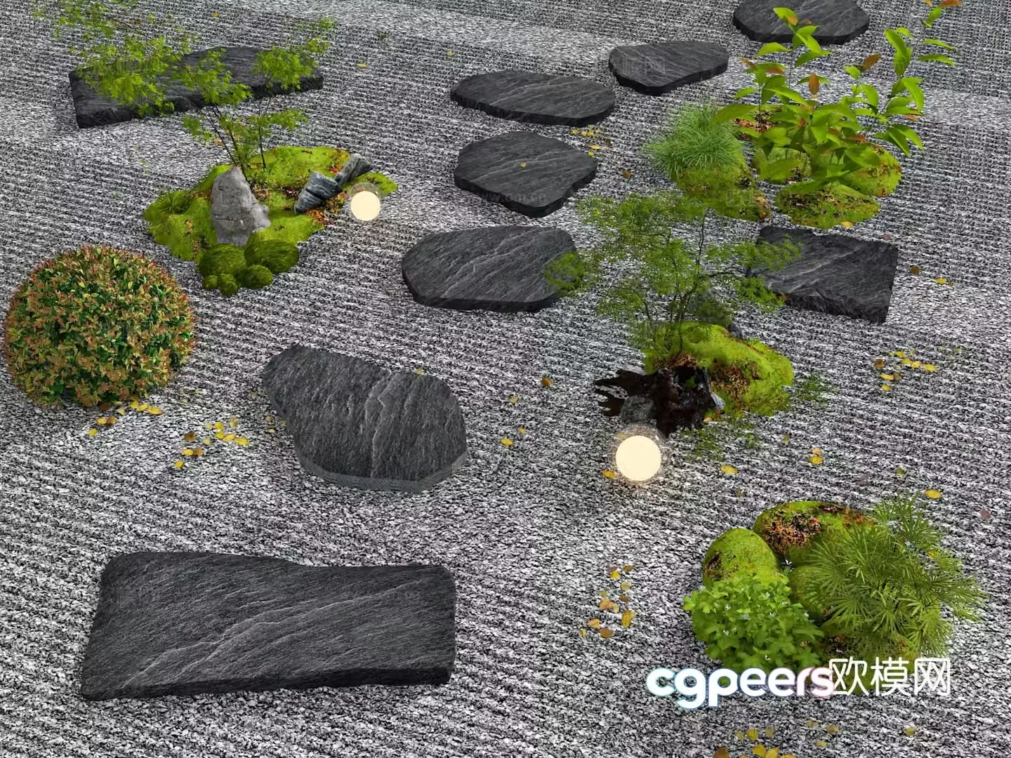 New Chinese style bluestone slab Tingbu stone green plant landscaping stone sketch 3D model