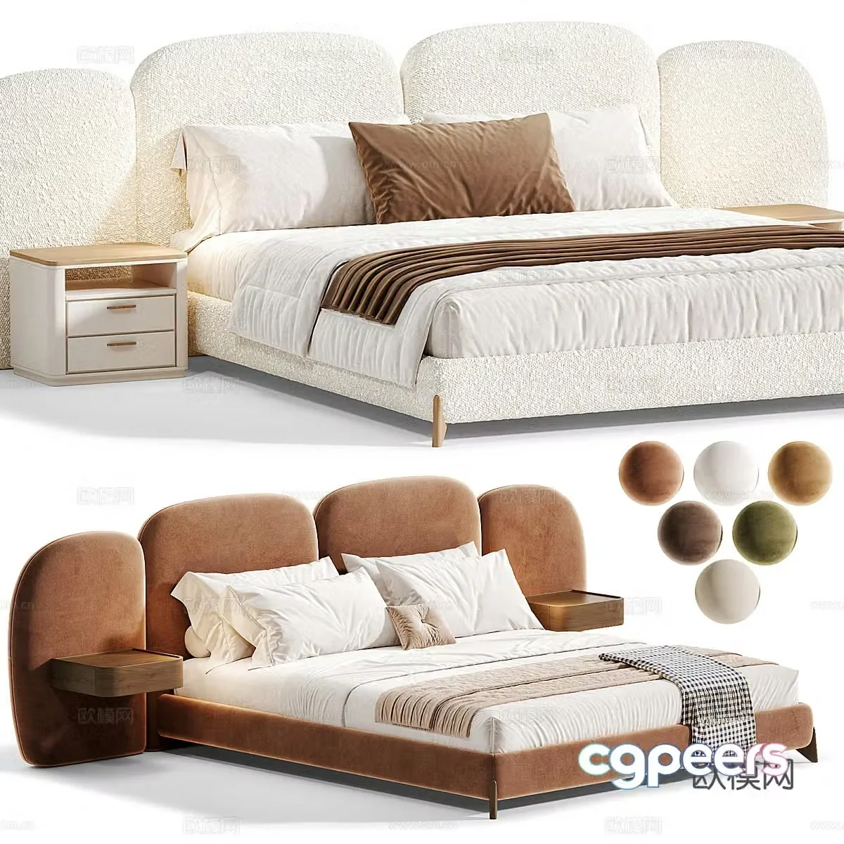 Modern cream style fabric double bed 3d model