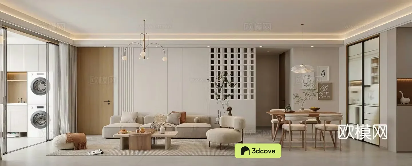 Wasabi Living Dining Room Modern Living Room Simple Cream Style Dining Table Combination Sofa Leisure Chair 3D Model
