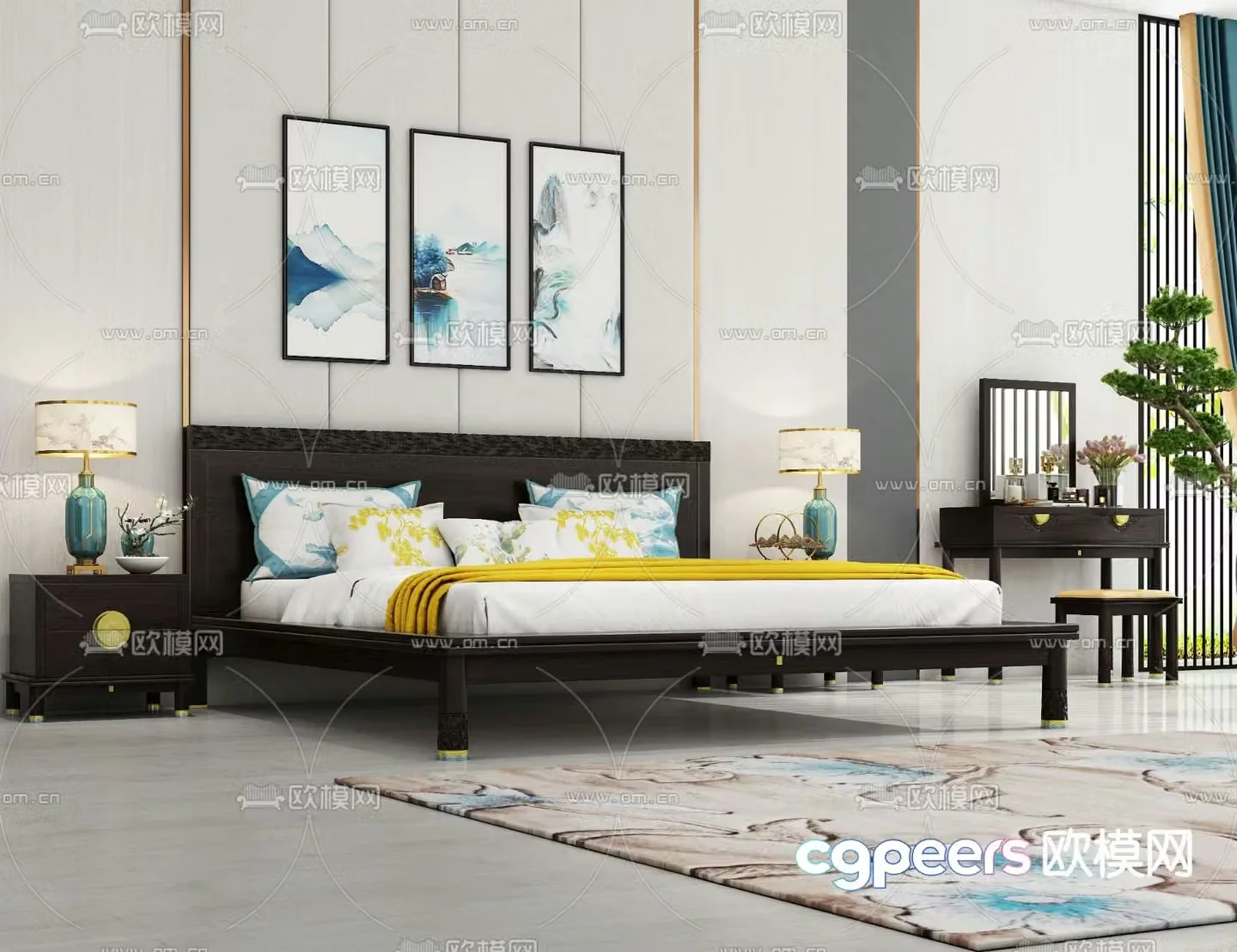 Chinese double bed solid wood bed 3d model