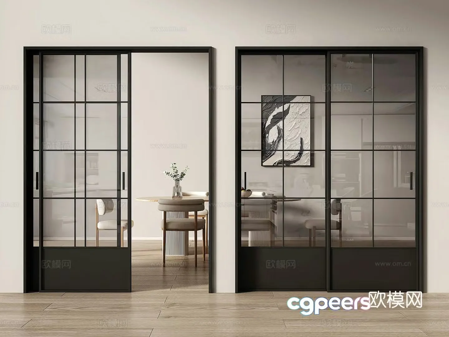 French sliding door kitchen and bathroom door 3d model