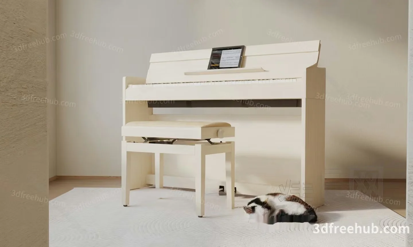 White Piano And Bench 3D Model – 22573 – VRAY Render