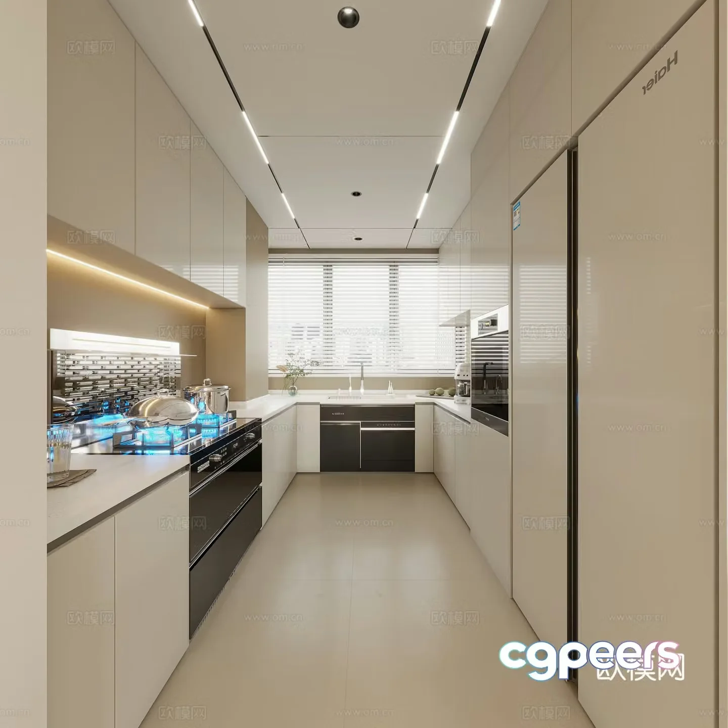 Modern minimalist U-shaped kitchen 3d model