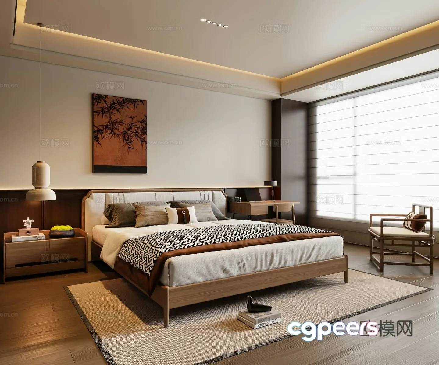 New Chinese style bedroom solid wood double bed bedside table chandeliers desks chairs paintings leisure chairs 3D model