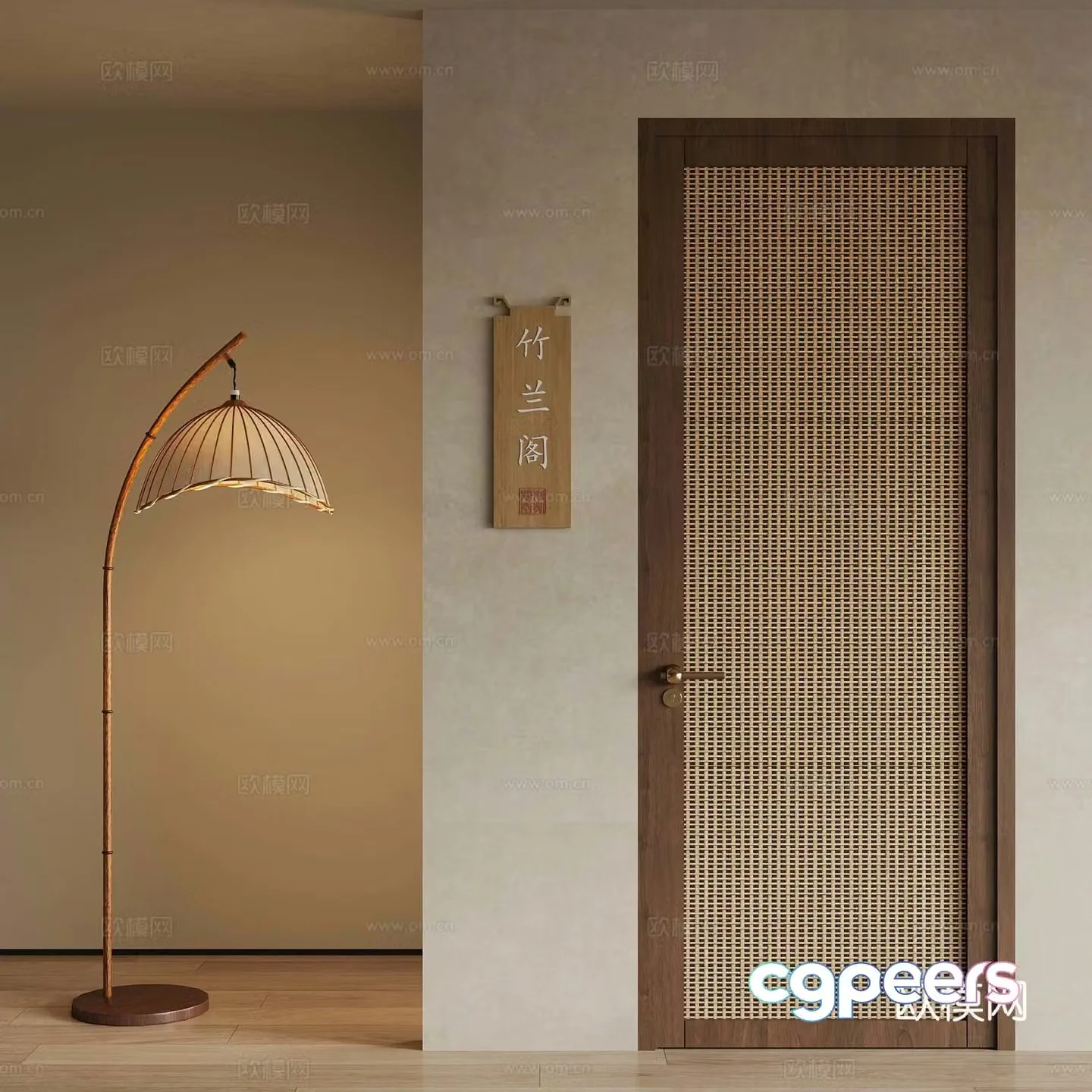44 new Chinese style single-open door rattan wooden door floor lamp 3D model