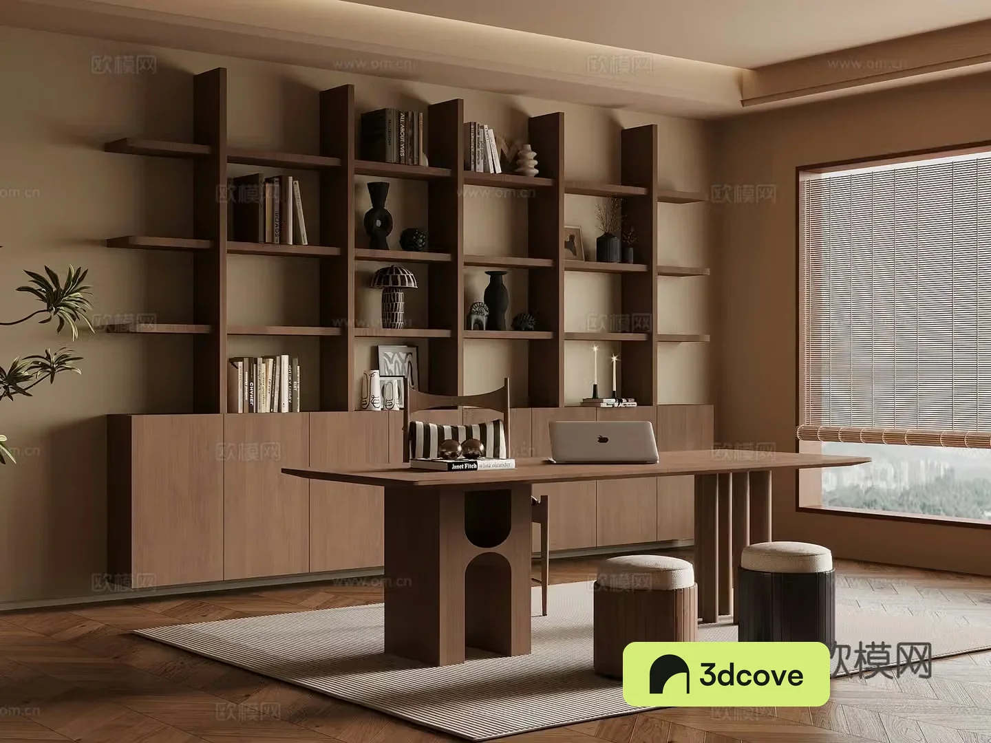 Middle-aged study bookshelf desk and chair 3D model