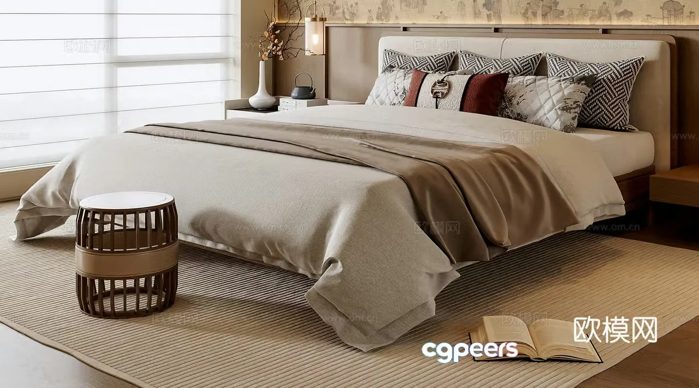 New Chinese style double bed 3D model