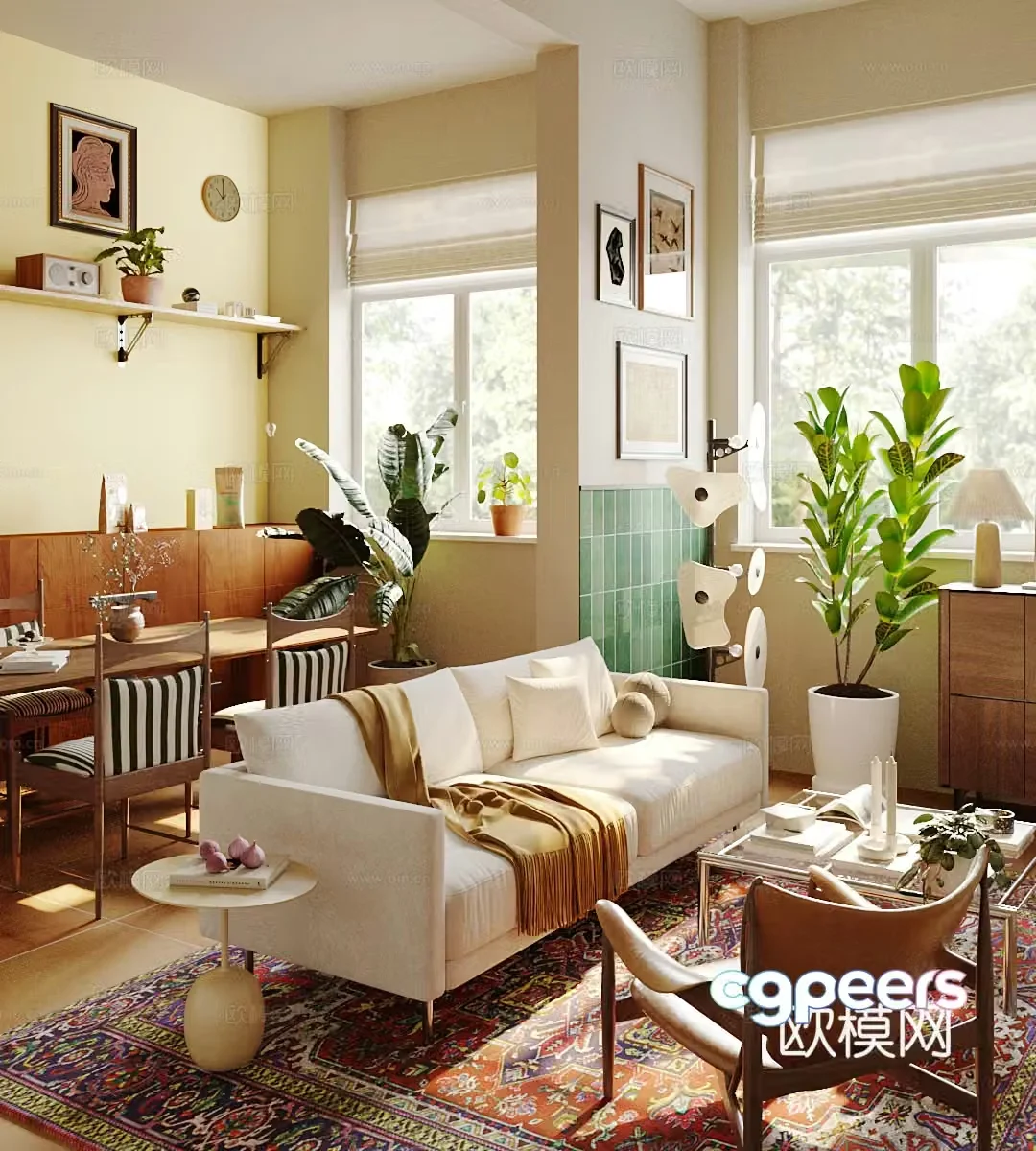 French cream style home living room French retro living room medieval style living room rural American living room 3d model