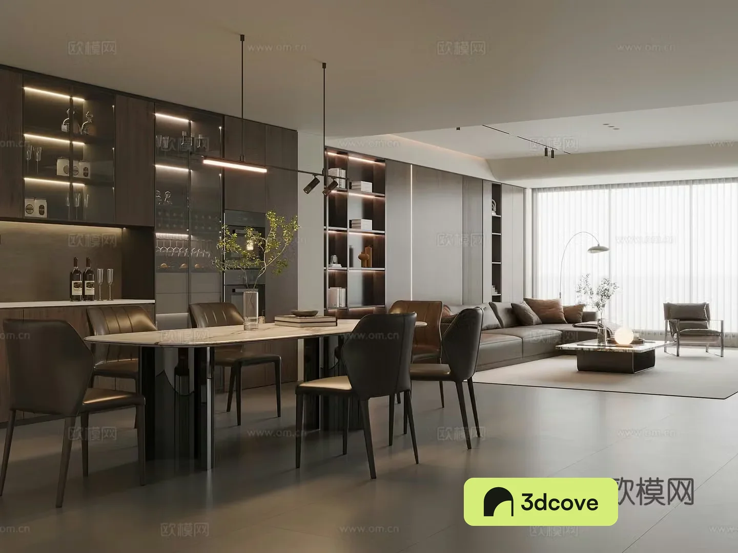 Modern Italian dining room marble dining table and chairs sideboard wine cabinet leather sofa coffee table combination