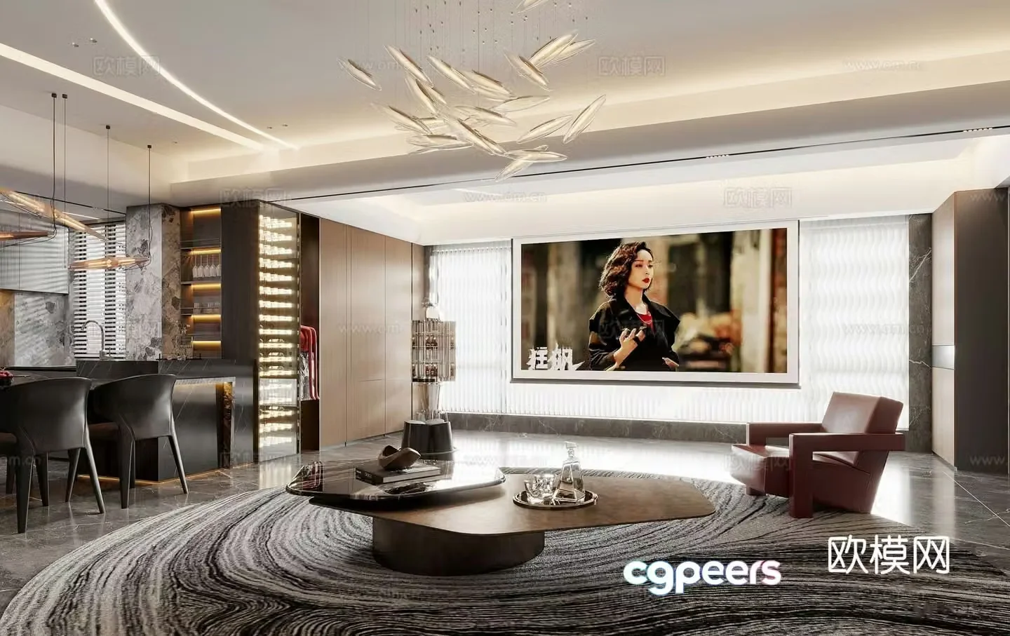 Modern living and dining room sofa and coffee table combination Zhongdao Island dining table and chair combination projection TV wine cabinet 3D model