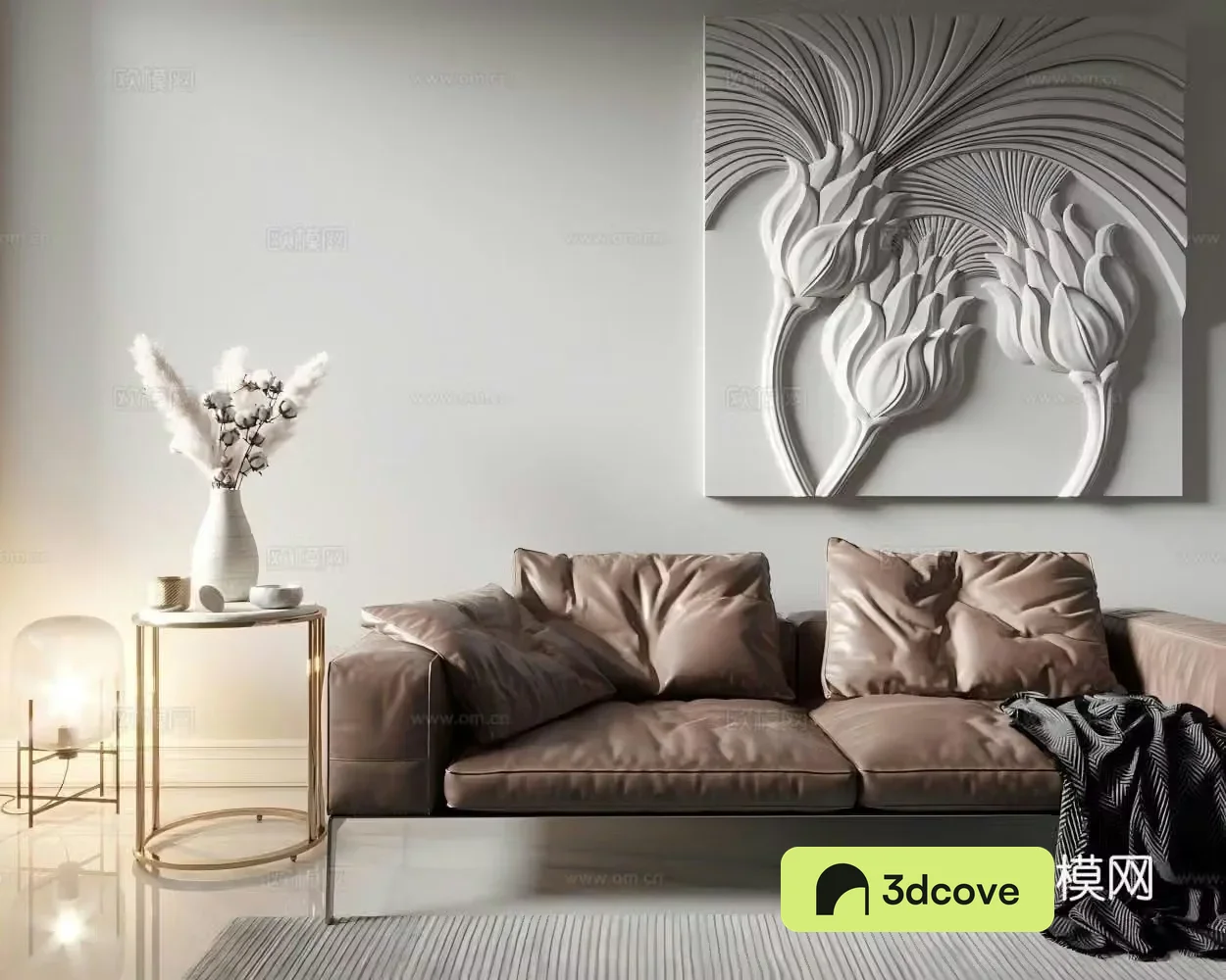 Foreign realistic scenes leather sofa metal coffee table glass table lamp wall decoration