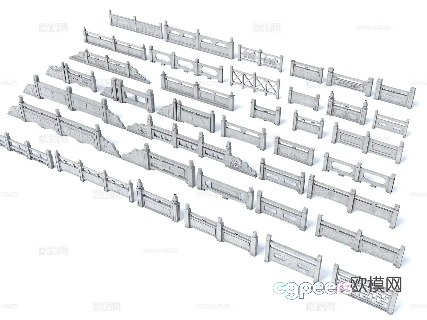 Chinese-style stone railings Bridge railings River railings Stone guardrails Outdoor railings 3D model