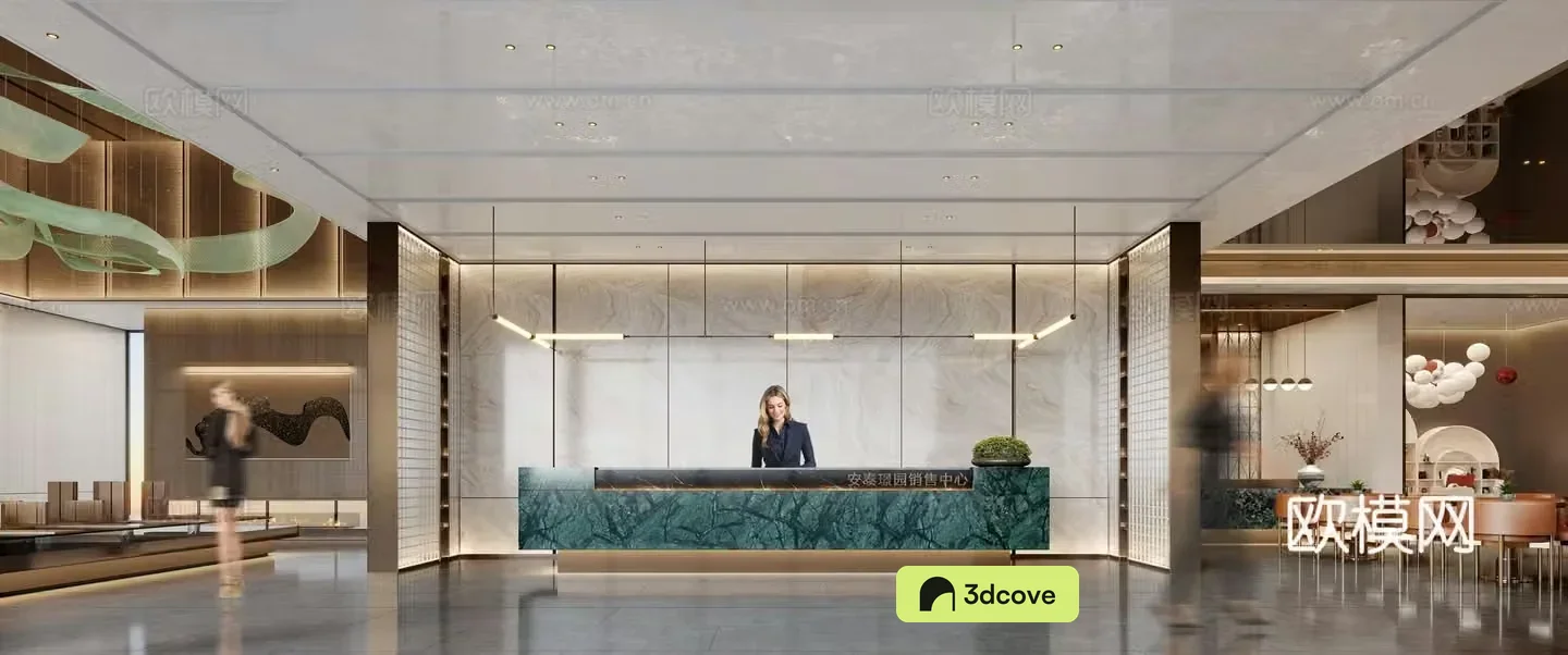 Modern sales office front desk sand table negotiation water bar stairs bathroom