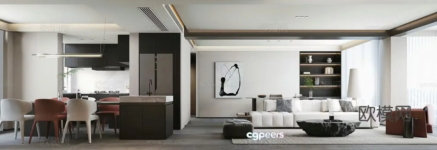 Italian black white and gray living restaurant fabric combination sofa dining bar dining chair Italian wine cabinet dining side 3D model