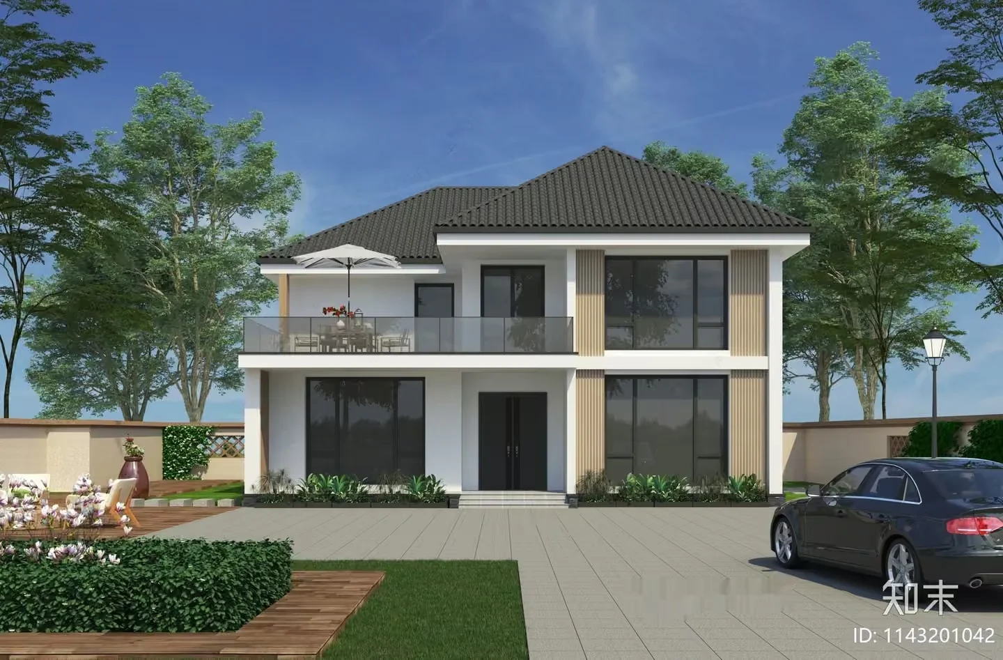 A Modern House With A Car In The Driveway 3D Model – 18368 – VRAY Render