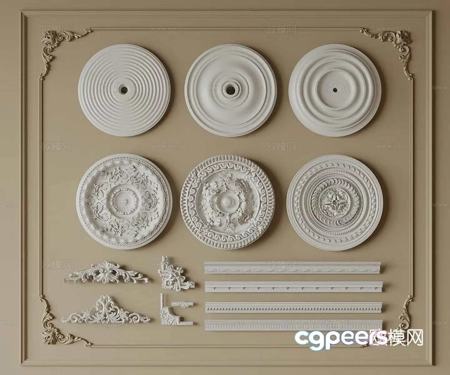 European carved lamp panel plaster disc plaster line 3D model