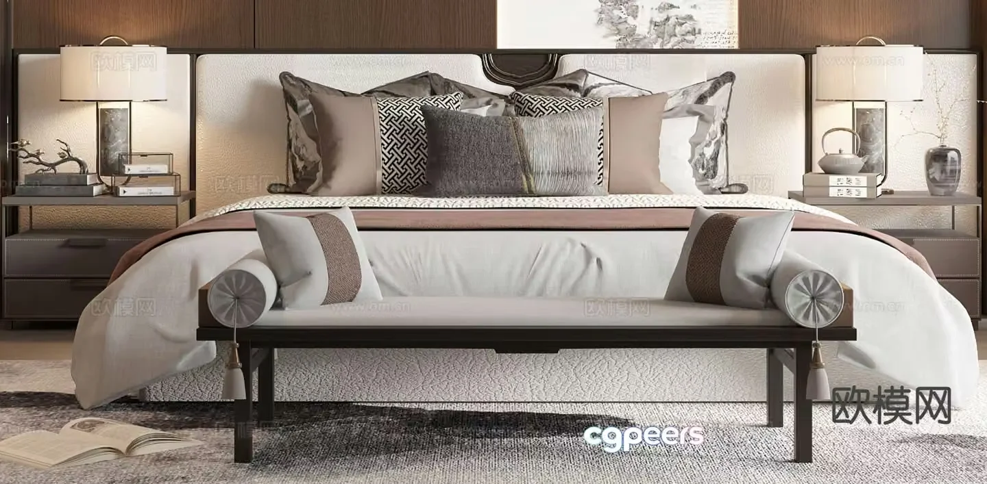 New Chinese style double bed 3d model