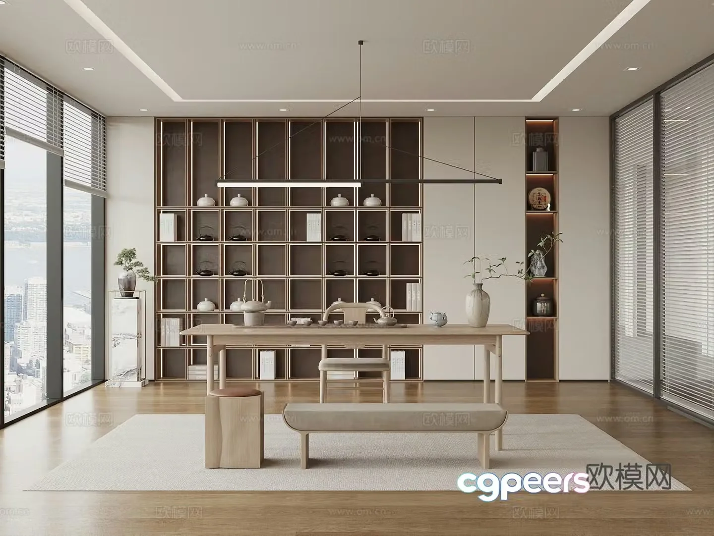 New Chinese-style tea room tea table and chair tea room cabinet tea set potted plant office tea room 3D model