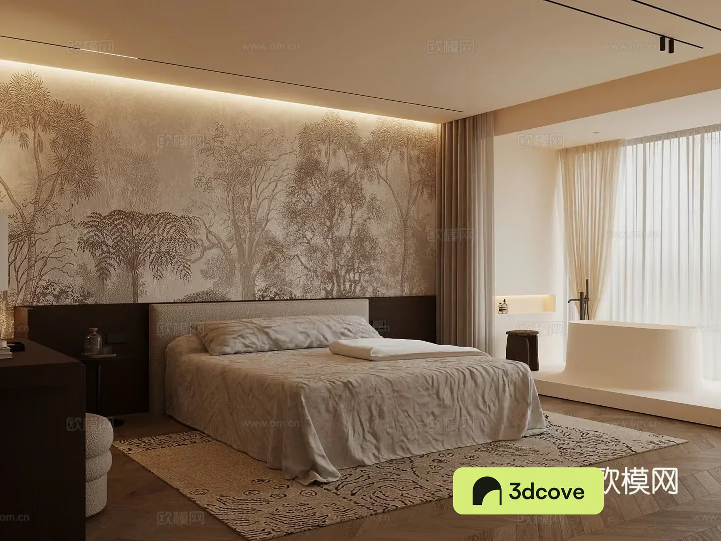 Middle style bedroom double bed 3d model