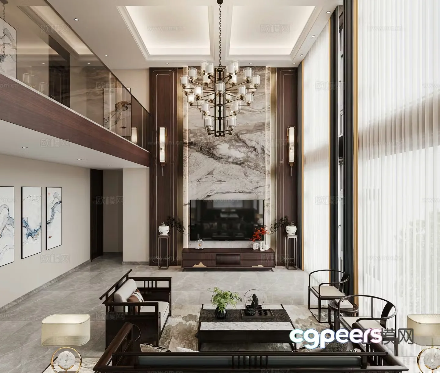 New Chinese style empty villa living room and dining room TV background wall TV cabinet New Chinese style living room Duplex 3D model