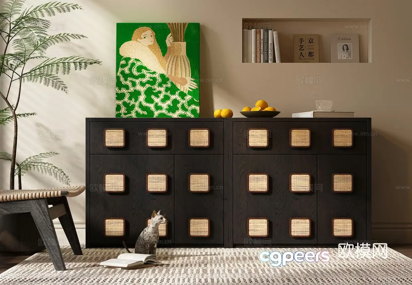 Middle-aged style chest of drawers entrance cabinet black wooden side cabinet 3D model