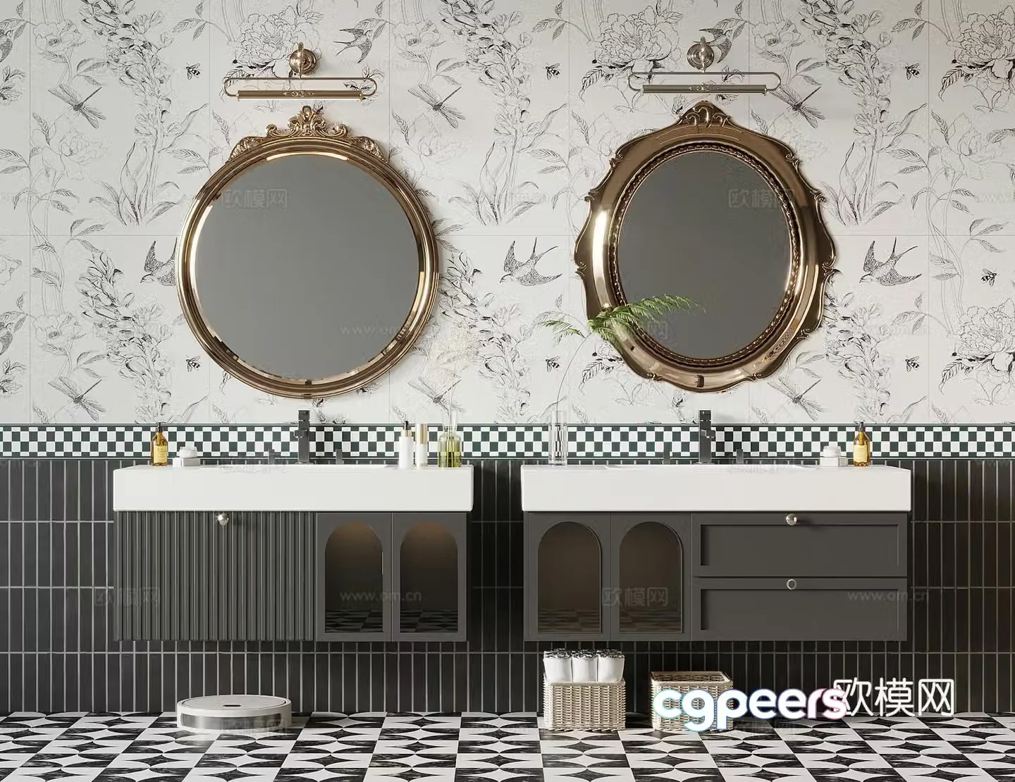 Bathroom cabinet French retro style bathroom cabinet bathroom sink mirror 3d model